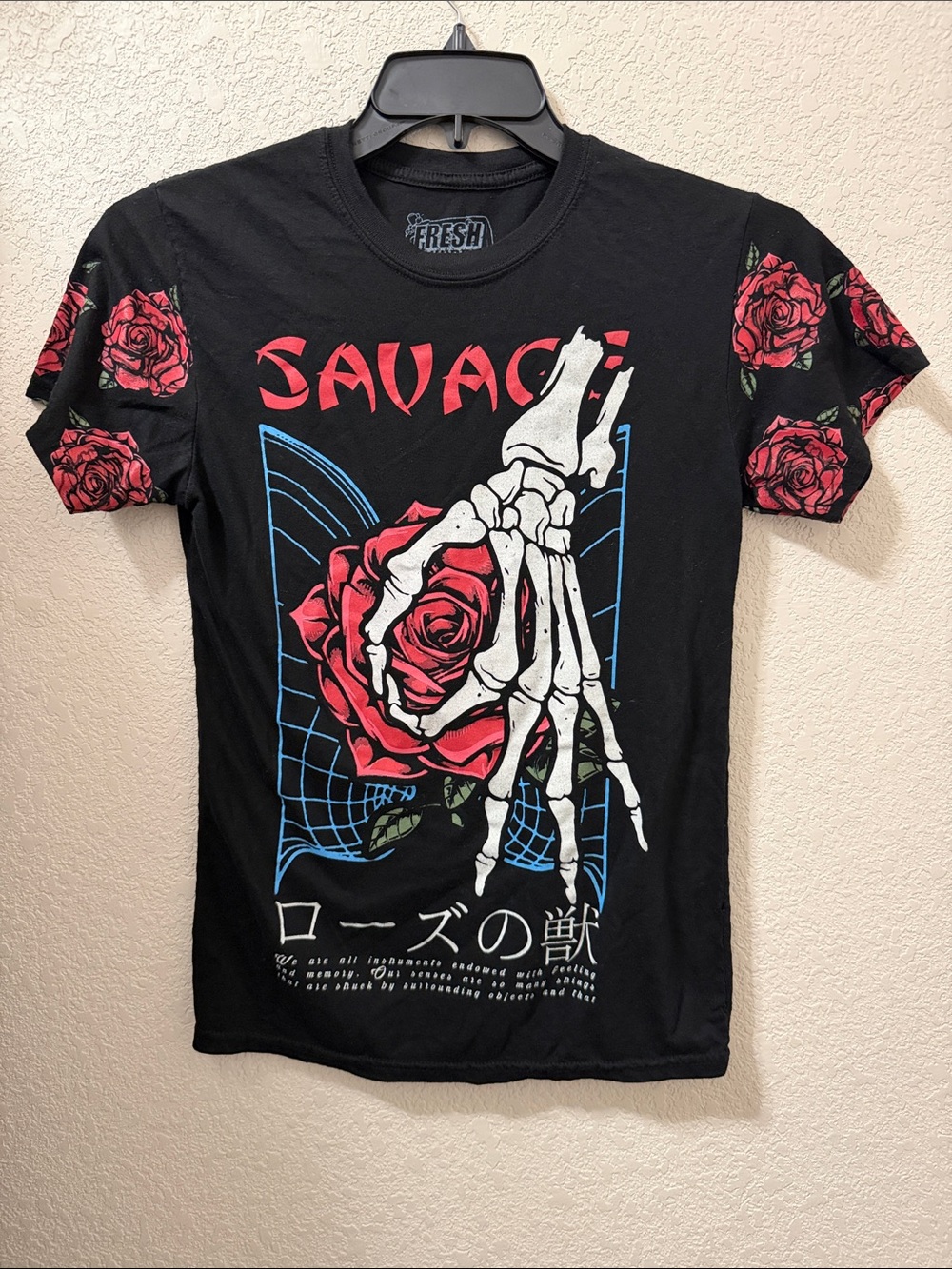 Savage Skeleton Hand Rose Graphic Tee - Black & Red